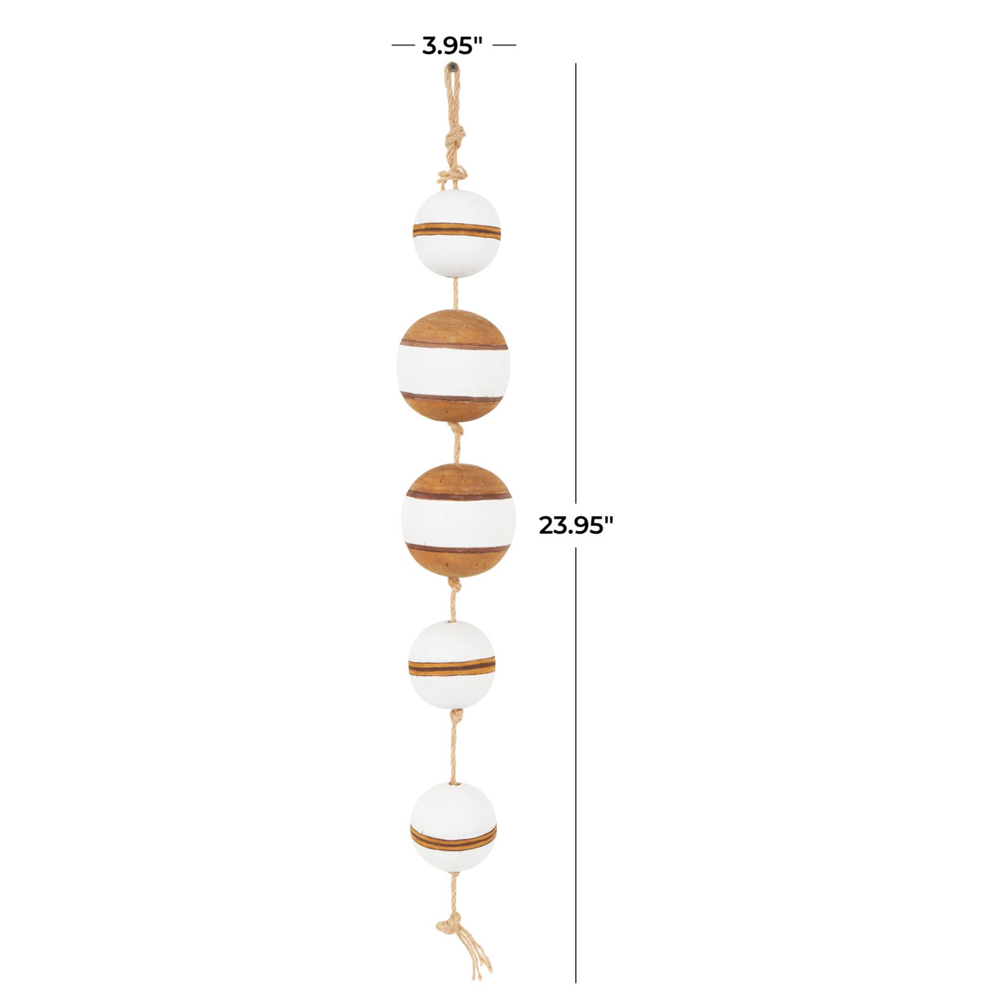 Brown Wood Buoy Two-Toned Striped Hanging Home Wall Décor with White Accents and Jute Rope